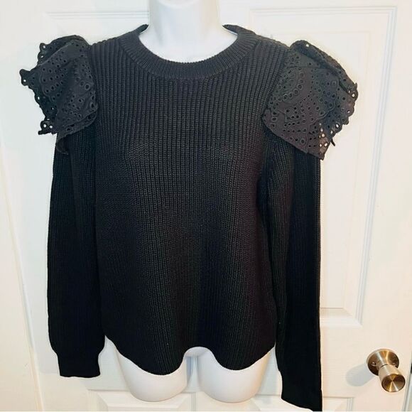 LILLA P Eyelet Ruffle Shoulder Trimmed Crew Neck Ribbed Sweater Black L - Picture 4 of 11